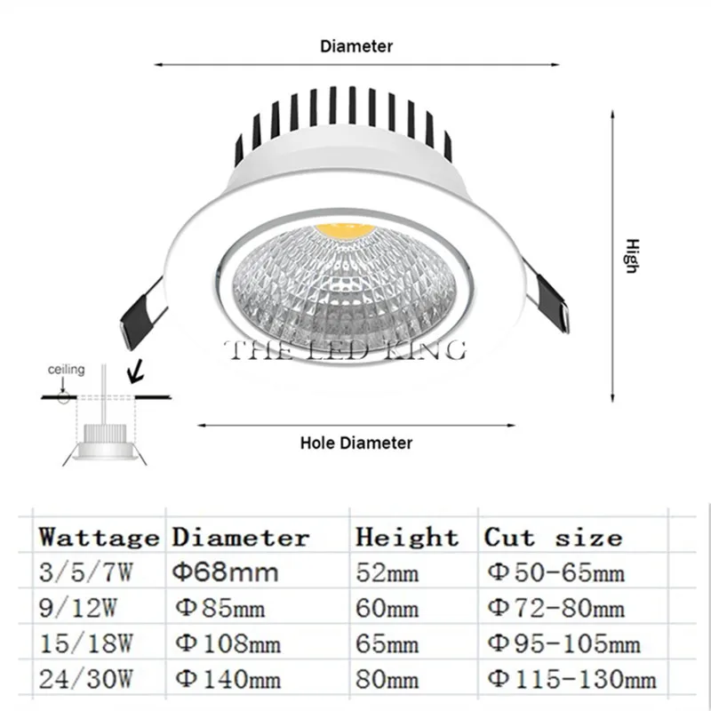 조광 가능한 LED 알루미늄 매립형 다운라이트, 따뜻한 흰색 차가운 흰색 LED, 주방 거실 실내 매립형 천장 조명, 6W, 9W, 12W, 18W