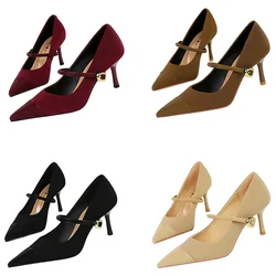 Kobiety 7cm 10cm Wysokie obcasy Vintage Sztruks Mary Jane Pumps Lady Metal Buckle Strap Formal Work Stiletto Coffee Wine Red Shoes