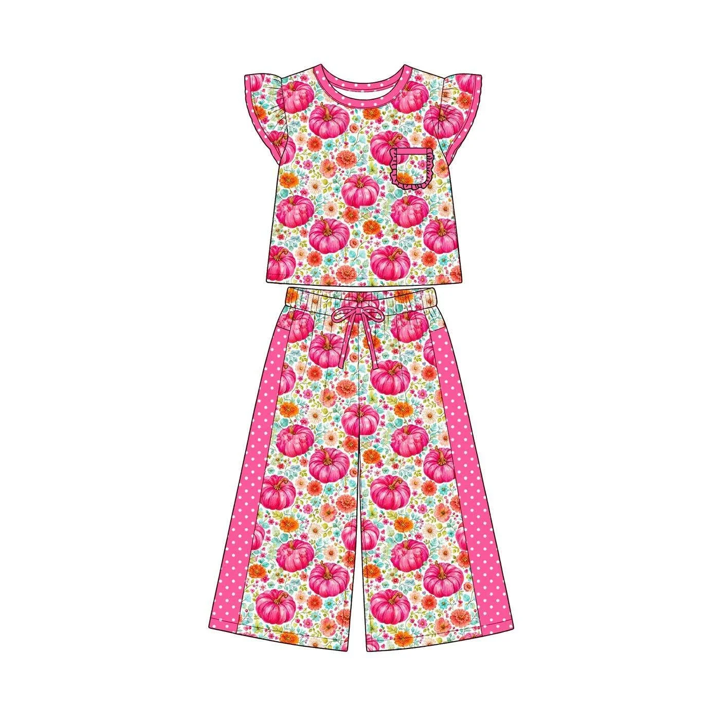 Girls Fall Thanksgiving Outfit Pumpkin Bow Floral Turkey Print Flutter Cap Sleeve Top Wide Leg Pants  Set