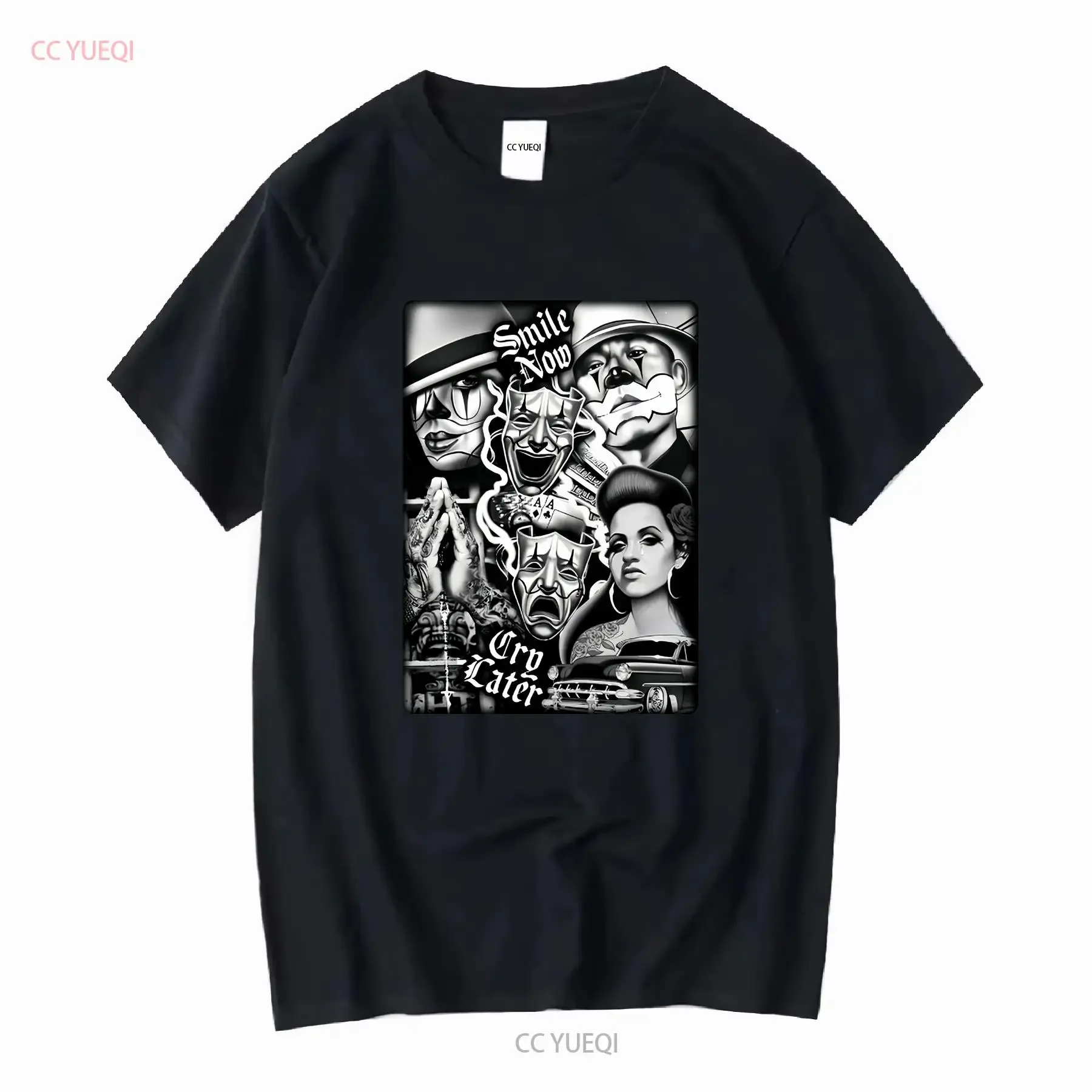 Smile Now Cry Later Chicano Art Mens T Shirt Print On Shaka Wear Heavyweight vintage Washed Slightly Stretched Versatile
