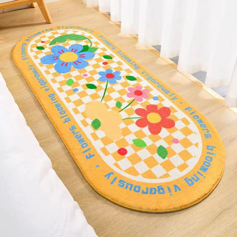 Simple Nordic Style Rug Girl Bedroom Soft Plush Long Carpet Bed Front Cushion Flower  Pattern Floor Mat Room Decoration