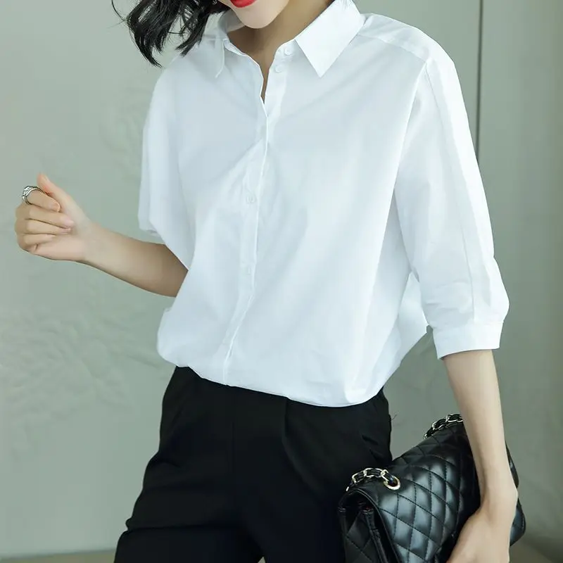 Casual Office Lady Blouses Turn-down Collar Spring Summer Button Simplicity Three Quarter Sleeve Intellectual Women's Clothing