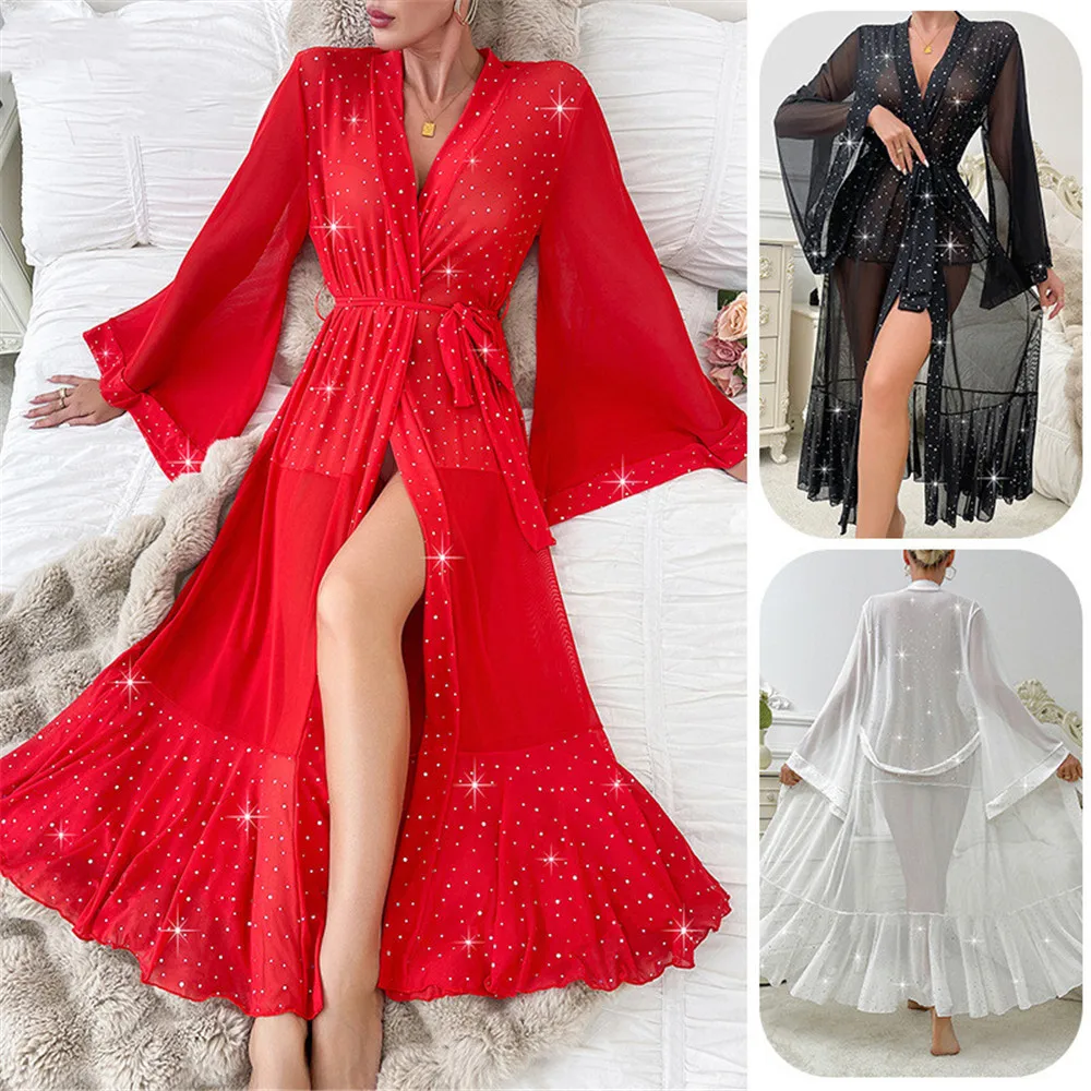 

Female Long Robe Elegant Sequins Ruffles Lace Nightgown Kimono Bathrobe Gown Home Dress Loungewear