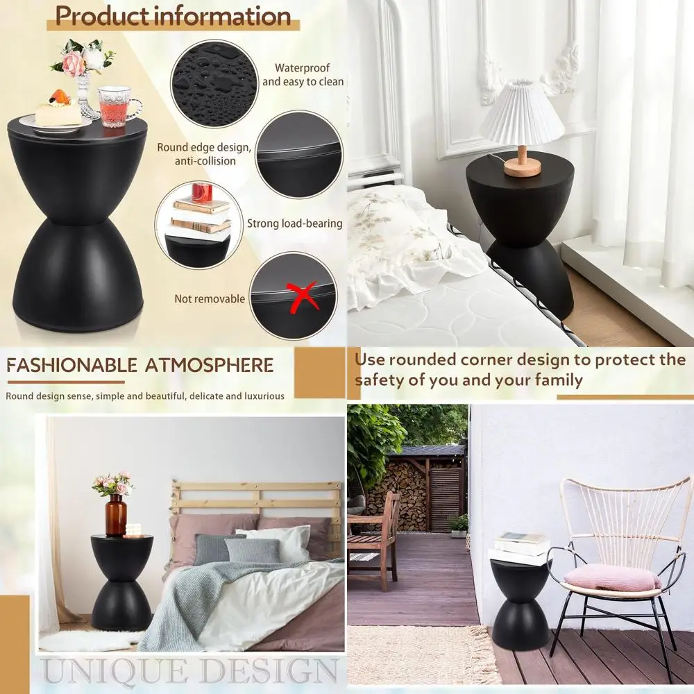 

Компактный черный пластиковый боковой столик для барабана с дизайном «песочные часы», подходит для использования в помещении и на открытом воздухе, идеально подходит для кофе, патио, дома,