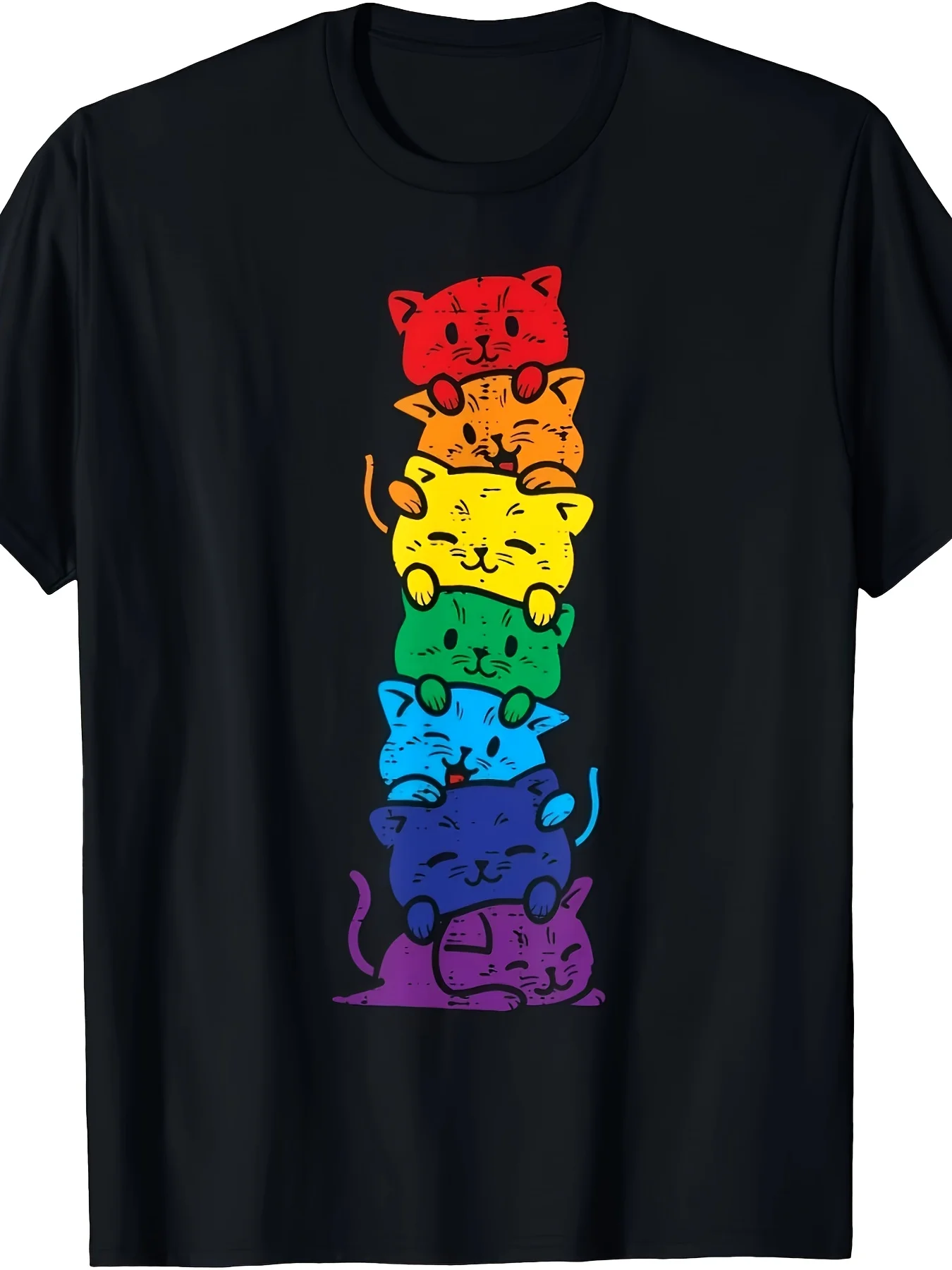 Men'S Rainbow Cat Stack T-Shirt Cute LGBT Pride Animal Design Black Short Sleeve Casual Wear Perfect Gift for Pet Lovers Pet Lover Gift Casual Round Neck Comfortable Fit Shirt Men'S Same Style for Men And Women 2026 Summer Short-Sleeved Printed T-Sh