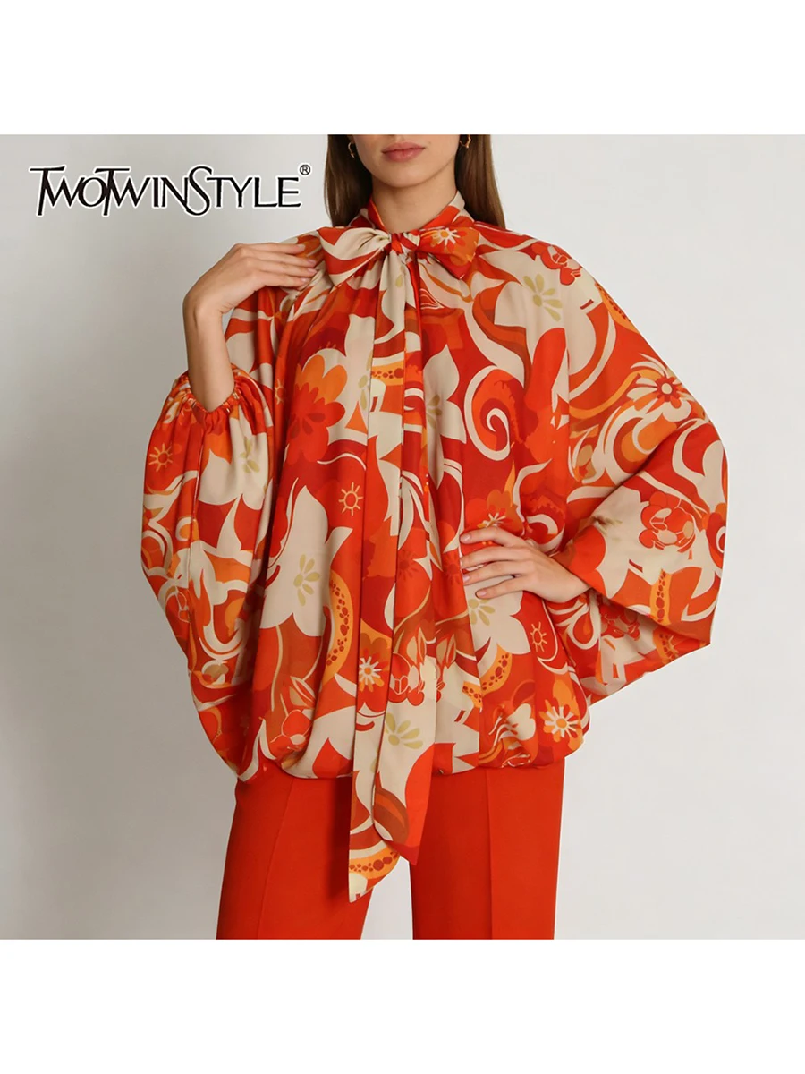 

TWOTWINSTYLE Printing Loose Spliced Lace Up Casual Blouses for Women Round Neck Long Sleeves Fashion Blouse Female Clothing New