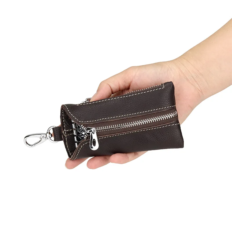 Funda de cuero para llaves para hombre, organizador de llaves de coche con cremallera multifunción, monedero Retro, monedero