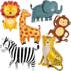 6 Pieces of Jungle Wild Animal Aluminum Foil Balloons, Giant Zoo Animal Balloons Zebra Elephant Monkey Lion Giraffe Leopard Print Animal Balloons Wild Animal Theme Birthday Party Decoration