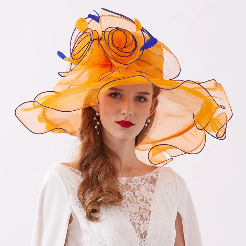 New Women\'s Kentucky Derby Hat Organza Large Wide Brim Sun Hats With Flowers Elegant Ladies Church Wedding Formal Fascinator Hat