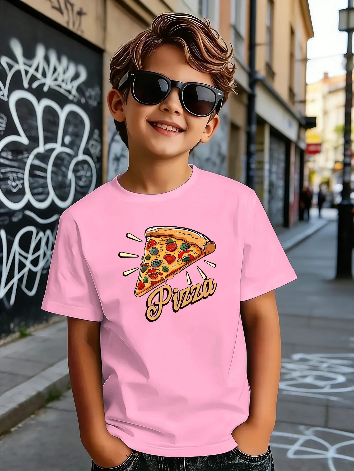 Tasty Pizza Slice Food Cartoon Print Boys Girls Family Matching Cotton Short Sleeve Crew Neck Soft Summer Kids Casual Tees