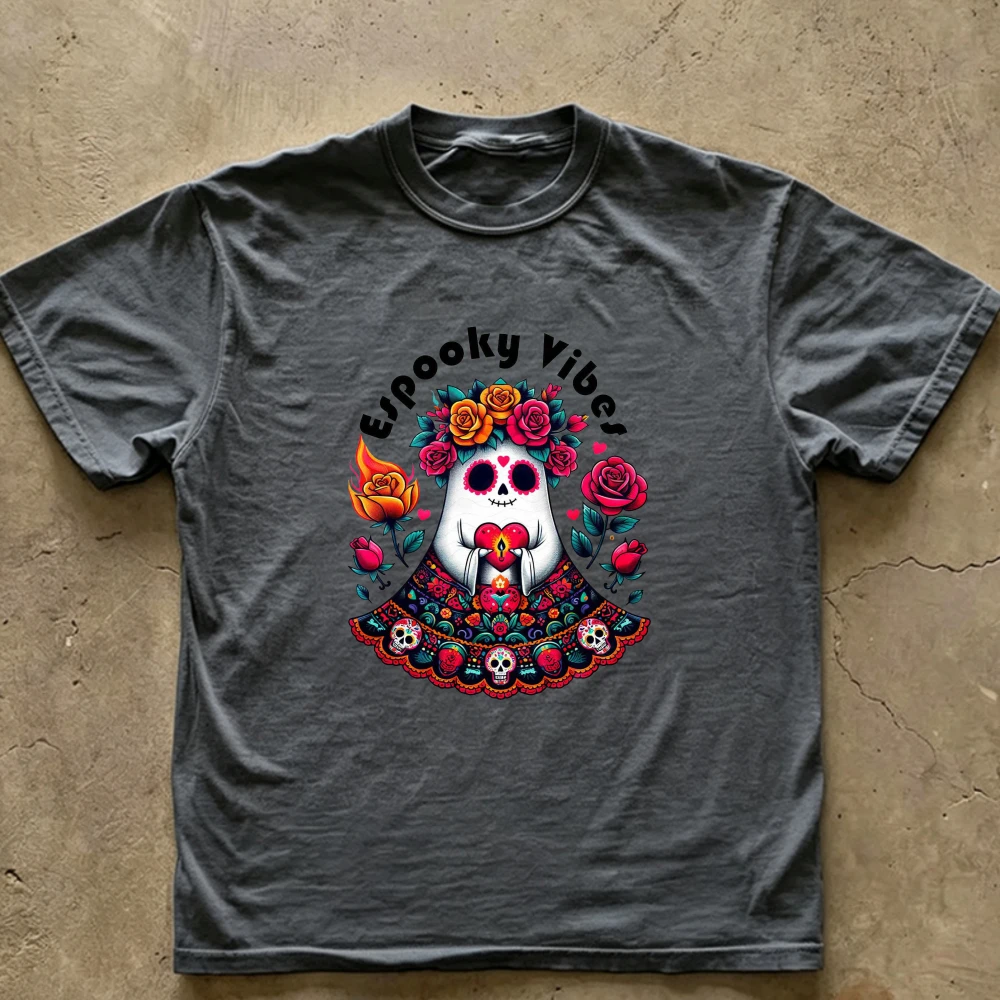 Espooky Vibes Floral Ghost Day of The Dead T‑Shirt Mexican Sugar Skull Sacred Heart Vibrant Rose Folk Ethnic Cotton Casual Tops