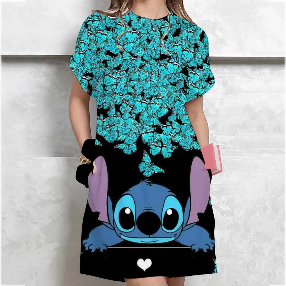 Disney Stitch sukienka z nadrukiem damska kreskówka z krótkim rękawem T-shirt z okrągłym dekoltem sukienka modna spódnica do spania codzienny podstawowy strój