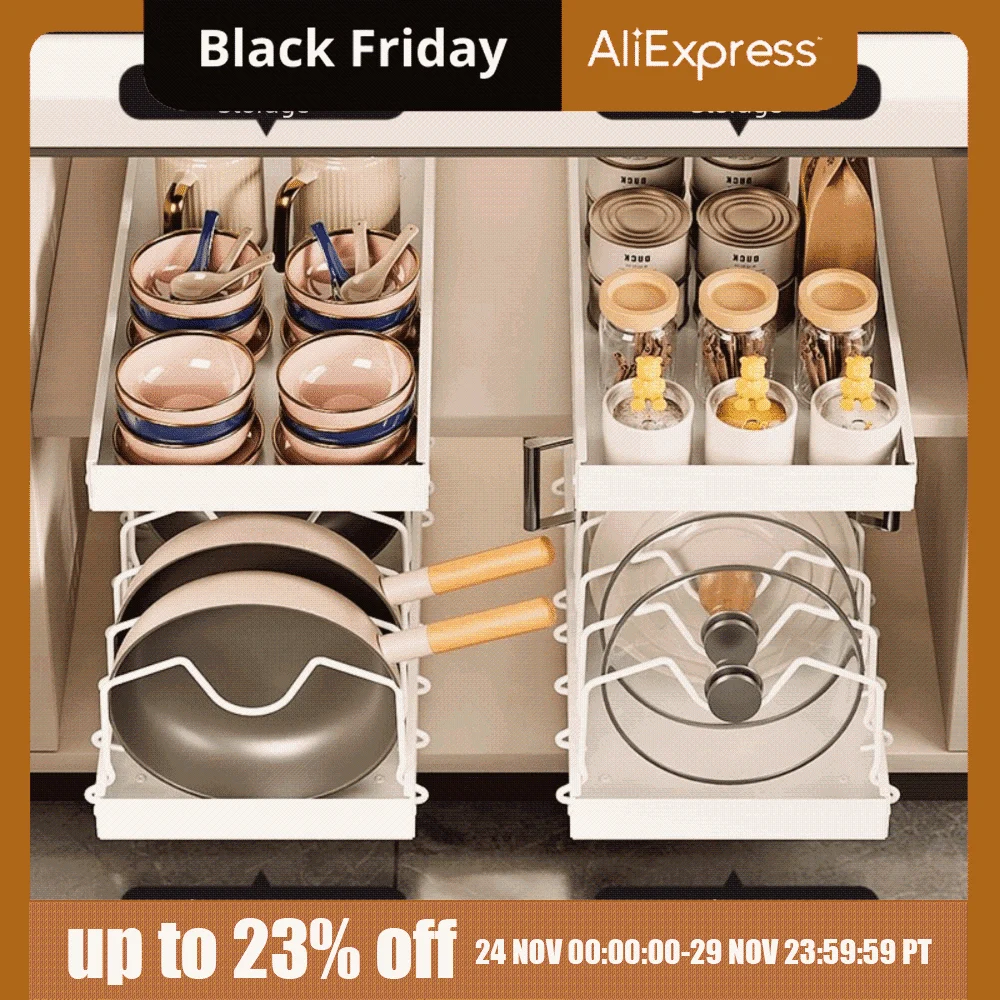 

Adjustable Dividers Pull Out Pan Rack Multifunctional Sliding Design Pots Pans Organizer Retractable Anti-rust