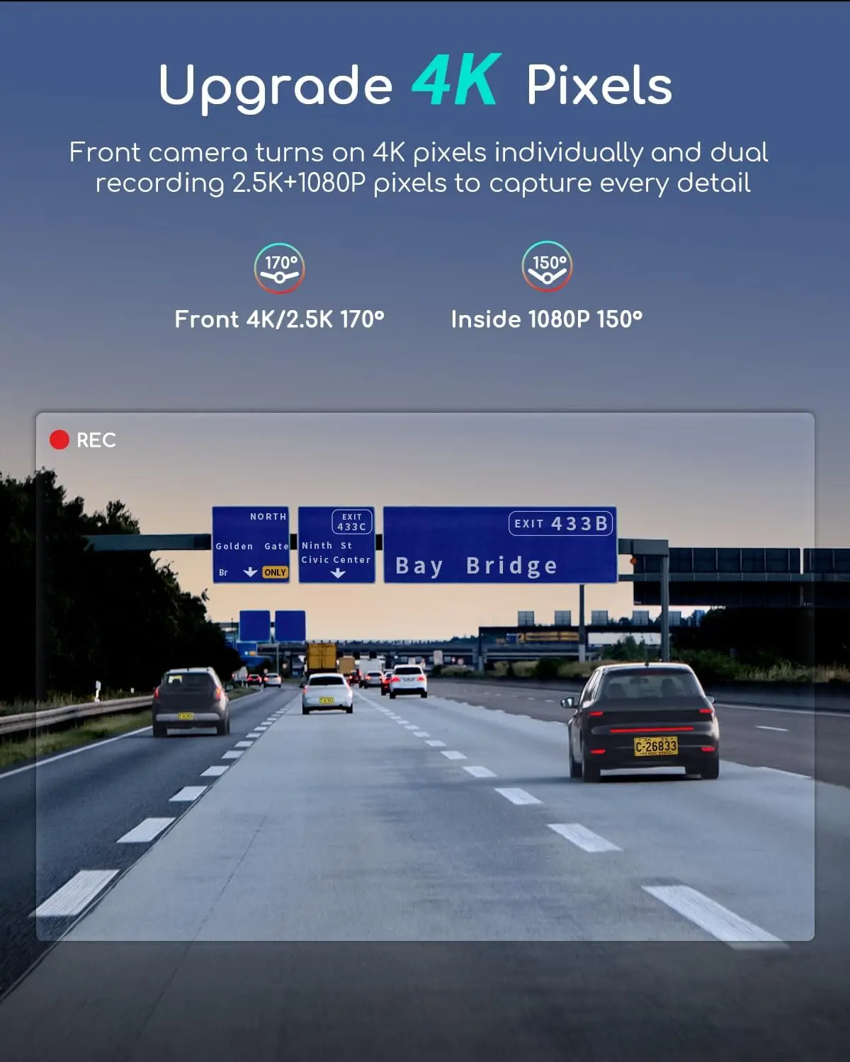 كاميرا داش مزدوجة 4K مع نظام تحديد المواقع العالمي (GPS)، واي فاي، رؤية ليلية، وضع ركن السيارة، تسجيل حلقي، تدعم 256 جيجابايت
