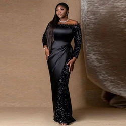 Black Sequined Mermaid Prom Dresses Aso Ebi Long Sleeves Off The Shoulder Evening Gowns Floor Length Formal Party Dress