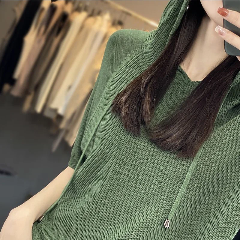 2024 New Summer Elegant Fashion Solid Color Loose Office Lady Hoodie for Women Simplicity Mixed Cotton O Neck Short Sleeve Tops