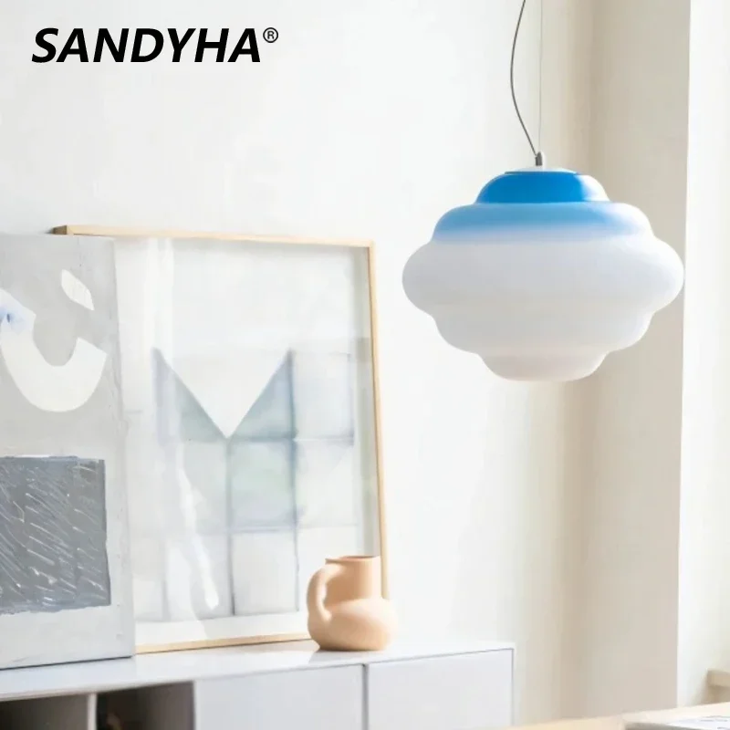 

SANDYHA Nordic Cream Style Pendant Lights Blue Glass Lustre Hanging Lamp Home Decor Bedroom Bedside Dining Table Led Chandelier