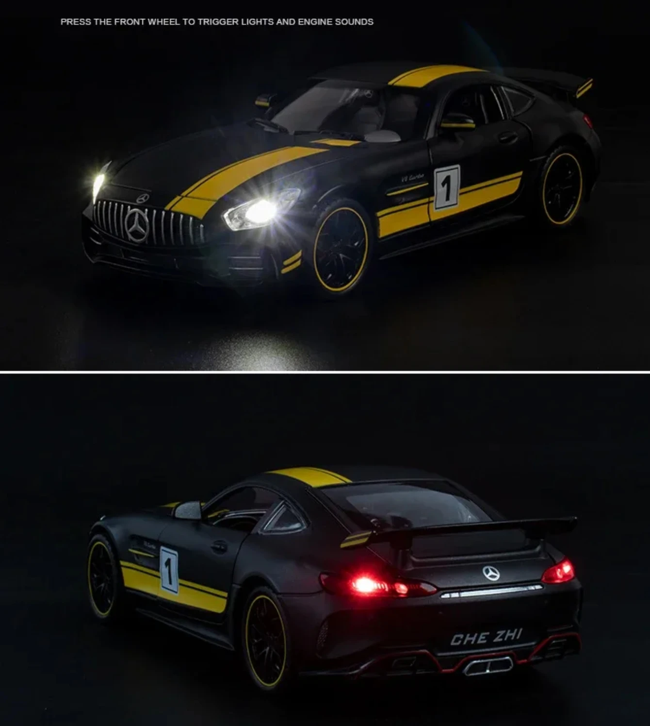 1:24 Mercedes Benz AMG GTR modelo de Metal Diecast coche deportivo simulación con sonido ligero colección de juguetes para regalos A82