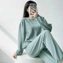 2024 New Plus Size Loose Loungewear Double-sided Velvet Pajamas Women's Autumn Winter Round Collar Sleepwear Warm Homewear Set