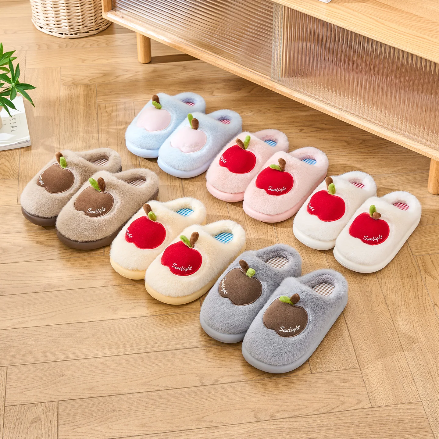 TZLDN الكرتون نعال قماش للنساء الرجال شتاء دافئ رقيق فو نِعال من الفراء ثلاثية الأبعاد أبل داخلي المنزل زوجين نعال من القطن #6