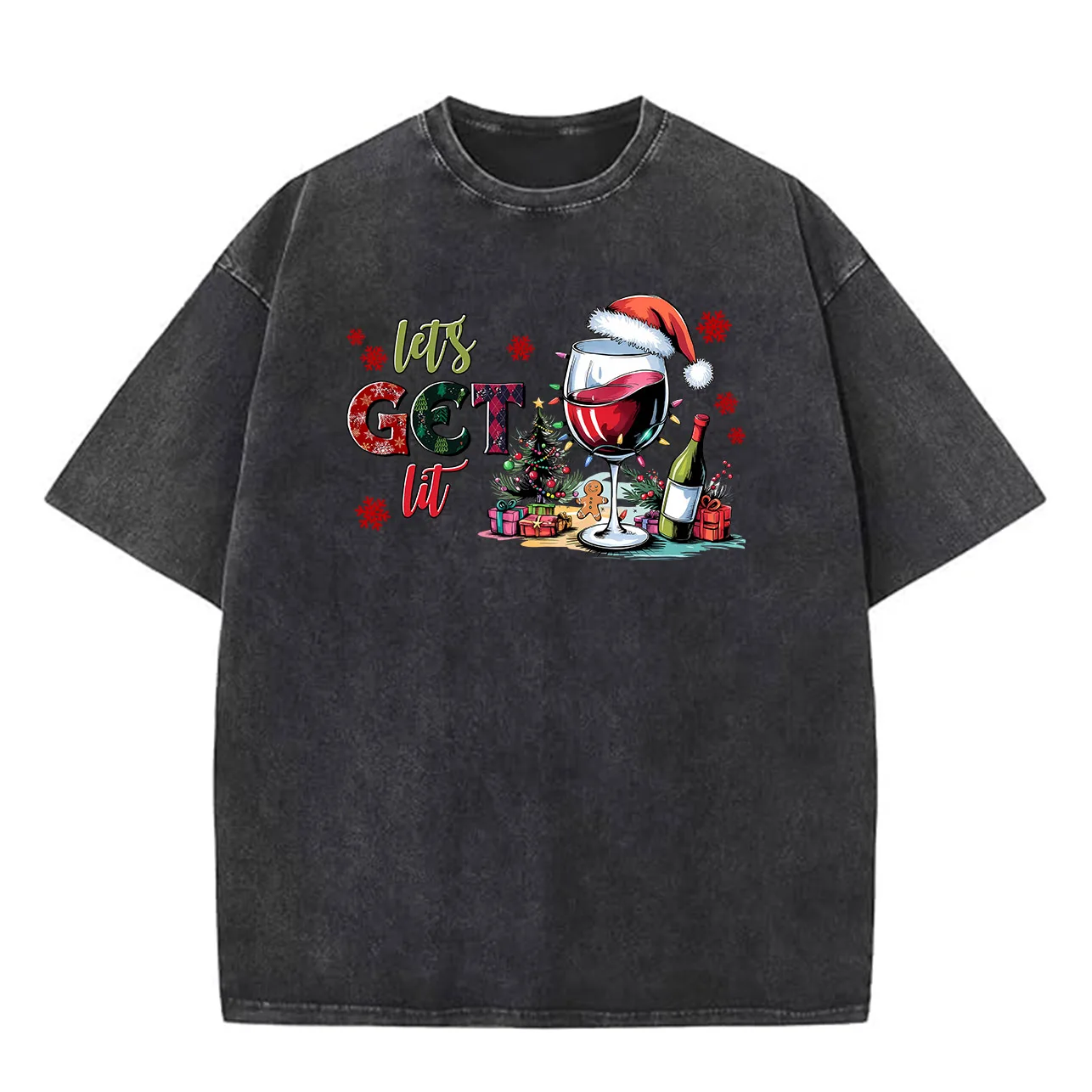 دعونا شرب النبيذ الأحمر 230 جرام القطن الثقيل غسلها المتضخم تي شيرت للرجال عيد الميلاد الجرافيك المحملة ريترو رداء علوي غير رسمي #2