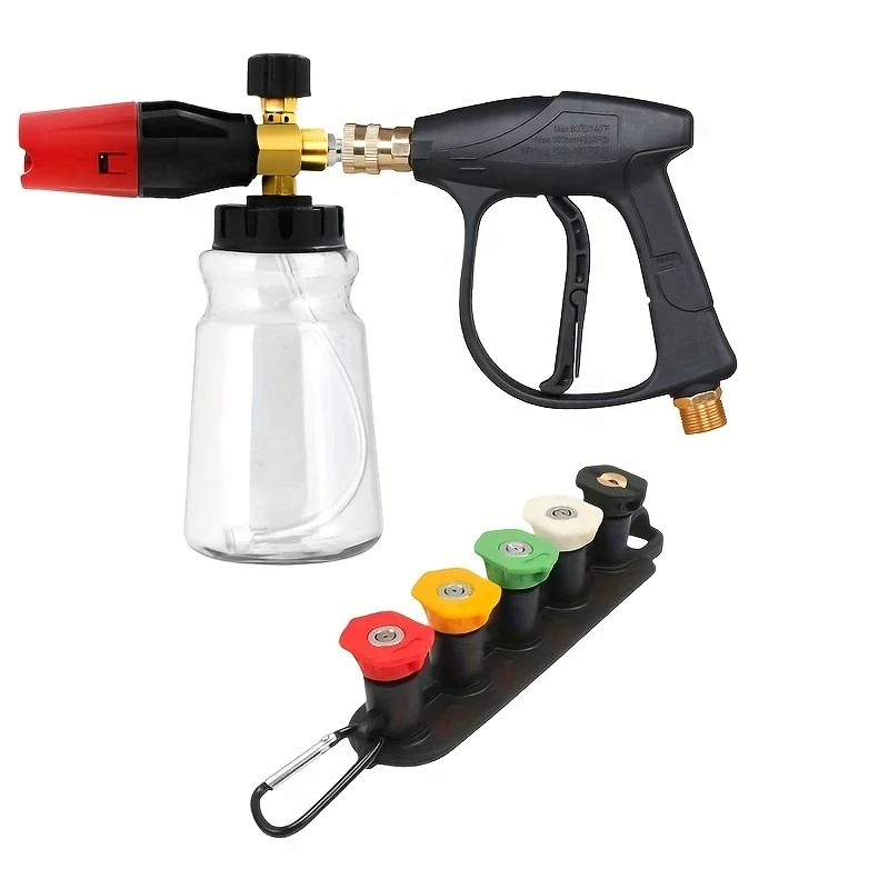 

Пенопластовая пушка высокого давления с регулируемой насадкой, алюминиевая бутылка емкостью 1 л, быстрое соединение, 5 насадок насадки, с наконечником для снежной пены