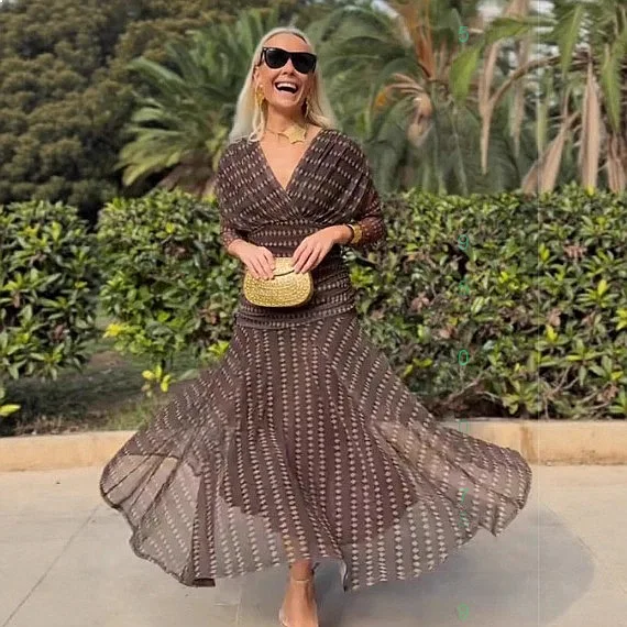 Bohemian V Neck Maxi Dress Long Sleeve Mesh Flowy Boho Dresses Spring Summer