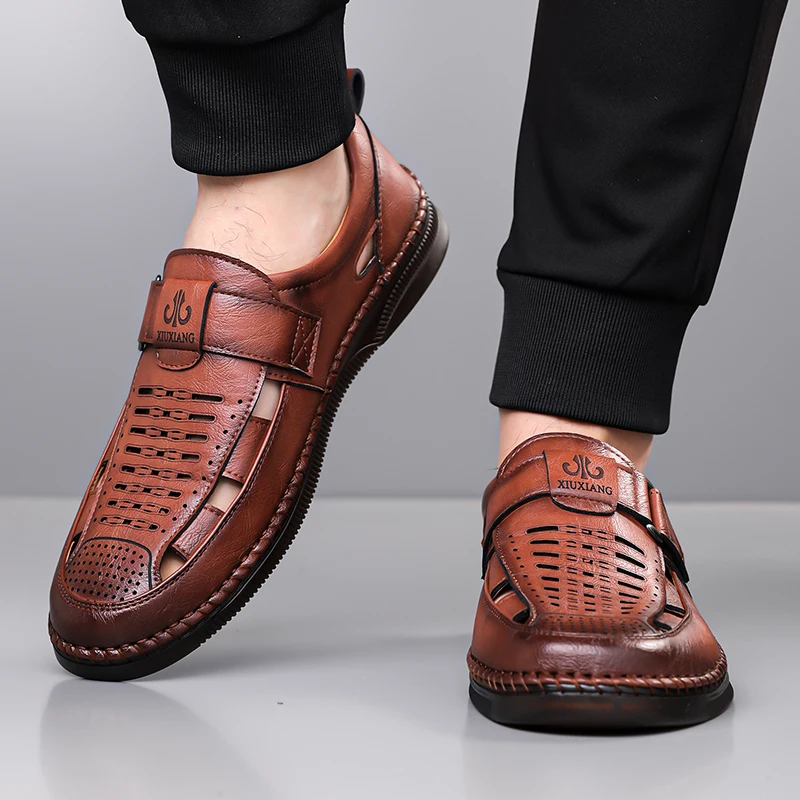 Men Sandals Summer Cozy Hollow Non-slip Soft Cool Lighted Breathable All-match Classic Wearable Fashion Casual Leather Sandals
