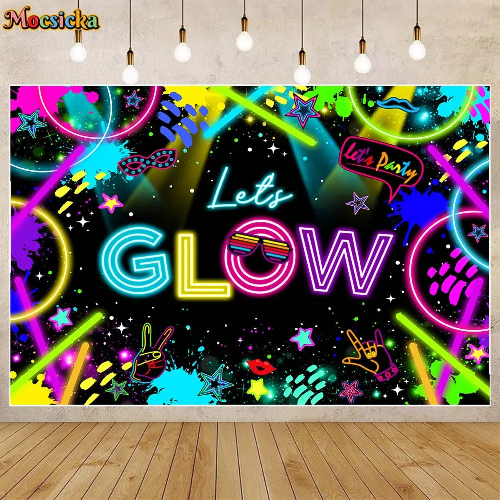 

Mocsicka Let's Glow Backdrop Kids Adult Birthday Background Graffiti Splash Glow In The Dark Party Decor Banner PhotoShoot Props