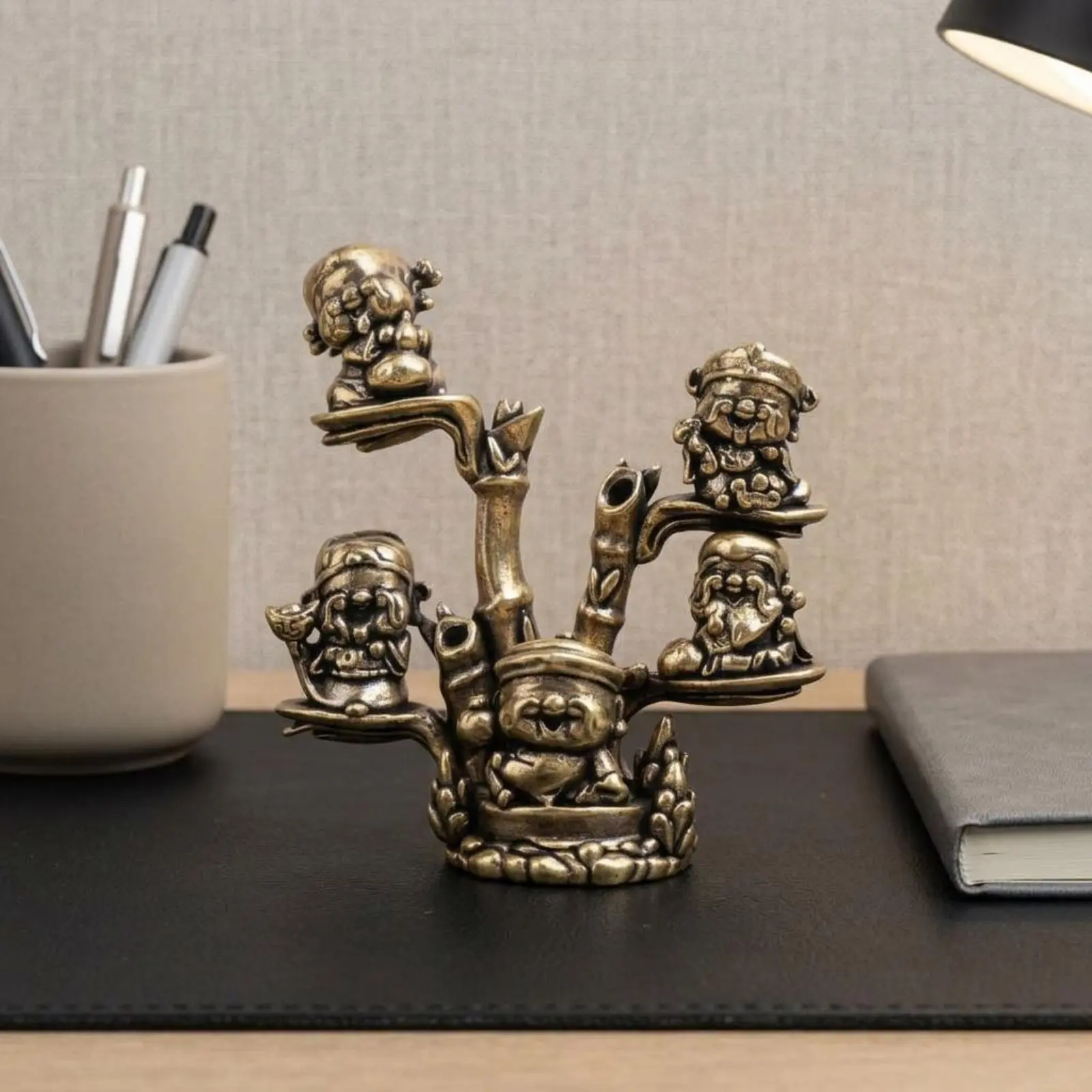 Brass Wealth God Statue Auspicious Gift Tea Pet Figurine Bamboo Branch Decoration Vintage Design Tea Pet Statue Handmade Finish