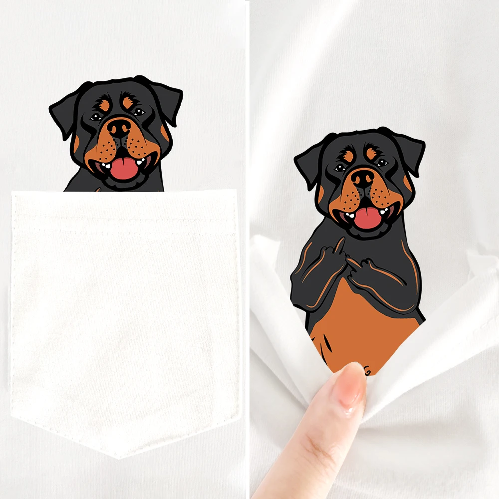 CLOOCL Funny Dogs Middle Finger Pocket T-Shirts Animals Stickers Printed Cotton Tees Gift for Lovers of Rottweilers