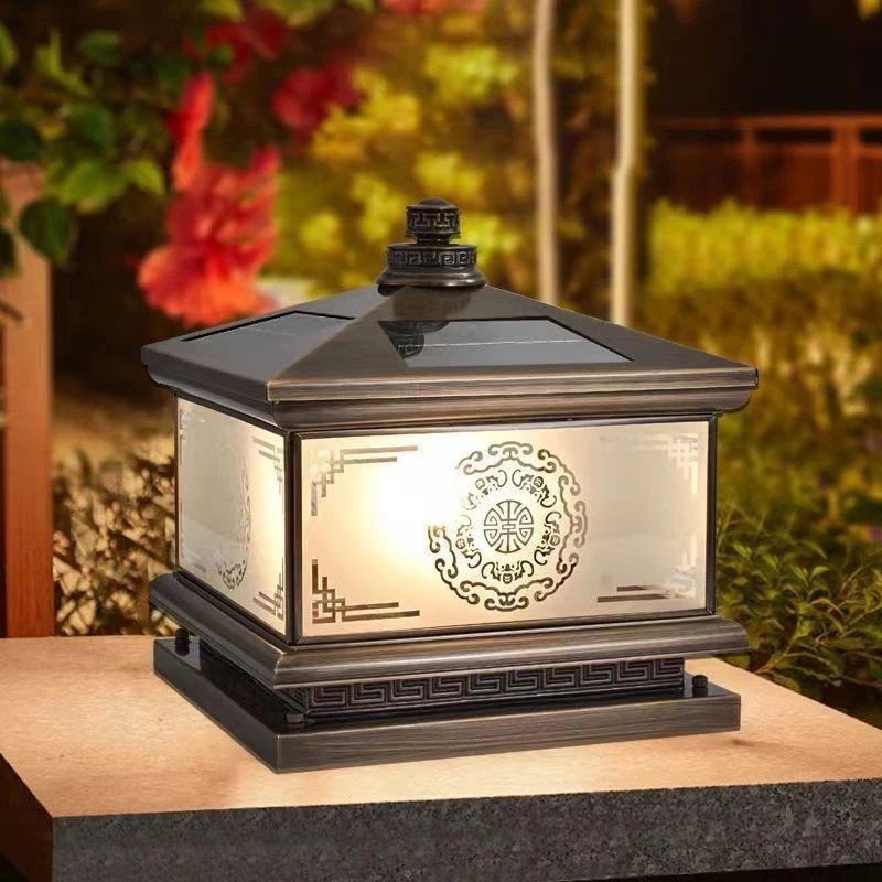 OUFULA Outdoor Solar Post Lamp Vintage Creative Chinese Brass  Pillar Light LED Waterproof IP65 for Home Villa Courtyard