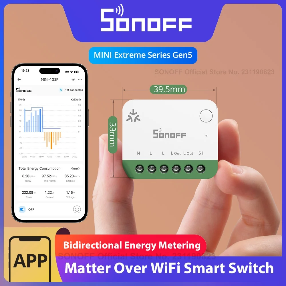 SONOFF MINI-1GSP MINI ONE PM Matter Over WiFi Smart Switch 16A Máx. Console Web Local Interfaces Open API Compatível com Apple Home