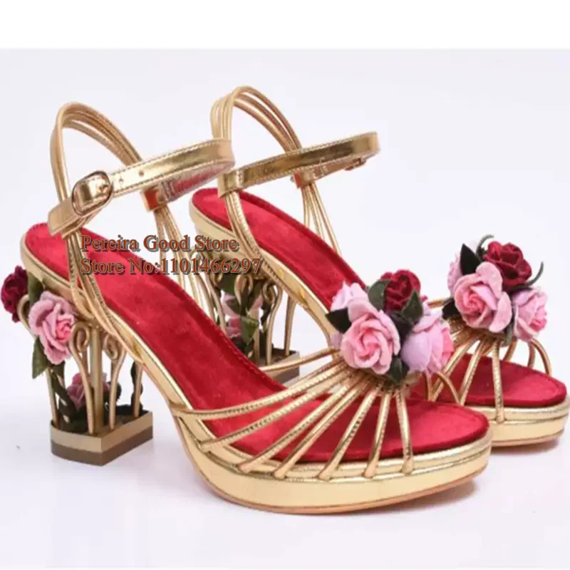Elegant Birdcage Heels Women Cage Shoes Gold Metallic Leather Strappy Sandals Open Toe Rose Flower Chunky Heels Bride Shoes 8cm