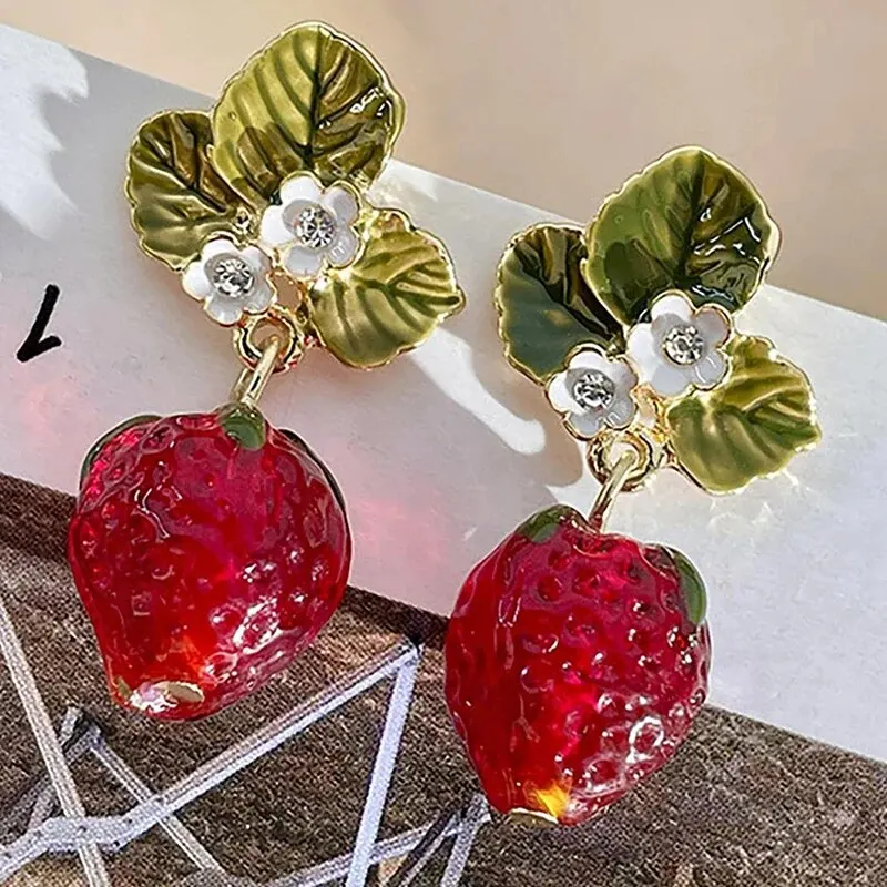 Girls Cute Strawberry Drop Earrings Green Leaves White Flower Red Berry Crystal Stone Earrings For Spring Summer Jewelry Gift