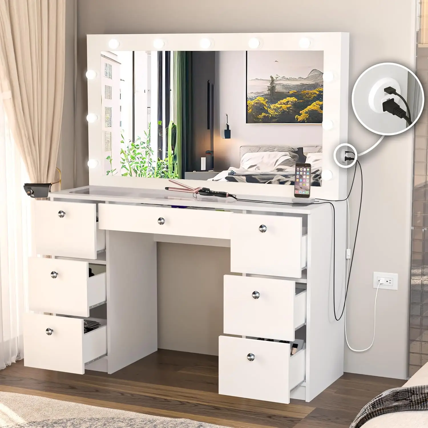 Yara Large Bedroom Makeup Vanity Desk with Mirror and Lights, 7 Drawers, Glass Top, Basic Knobs - White Big Vanity Makeup Desk