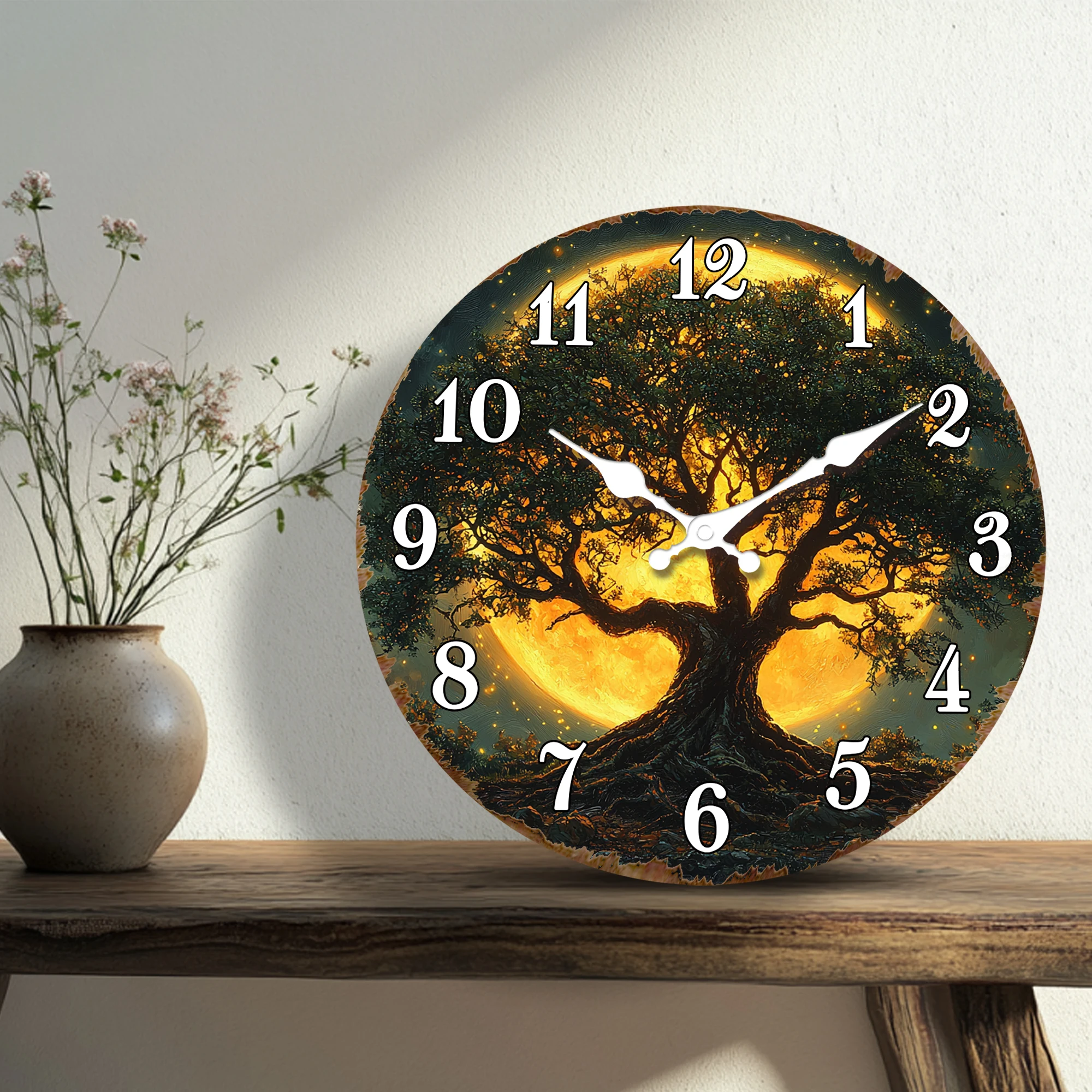 Majestic Oak Tree under Full Moon Round Wall Clock, Nature-Inspired Decorative Timepiece for Office or Home, Tranquil Scene Art