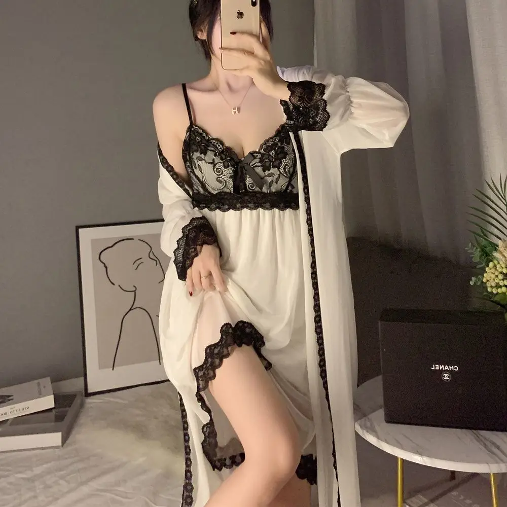 

V-Neck Sexy White Robe Gown Sets Sexy Sling Long Nightgown Summer Lingerie Sweet Lace Bathrobe Bow Cute Nighty Dress Pijamas