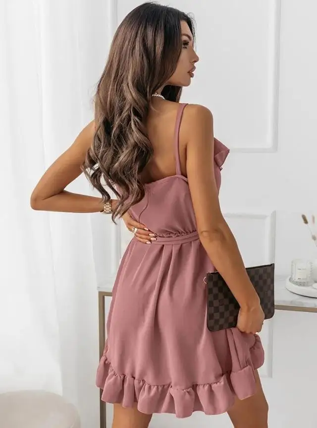 Vestido suspensor com borda de babado, cor sólida, verão, sexy e elegante, com borda de babado em camadas, vestido com gravata cruzada, temperamento