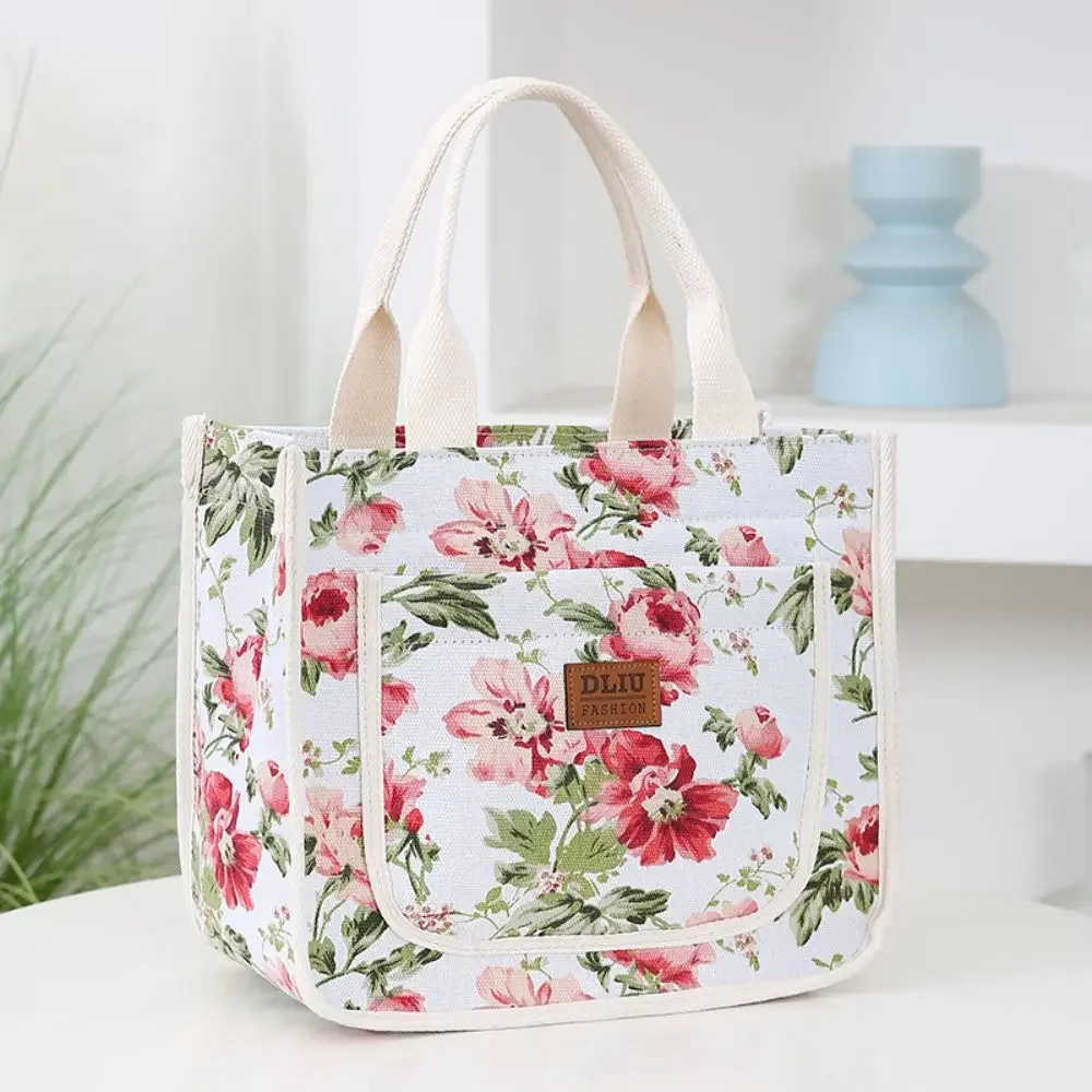 Aesthetic Floral Print Lunch Bag Insulated Large Capacity Lunch Bag Thermal Cooler Handbag for School Work Travel Picnic