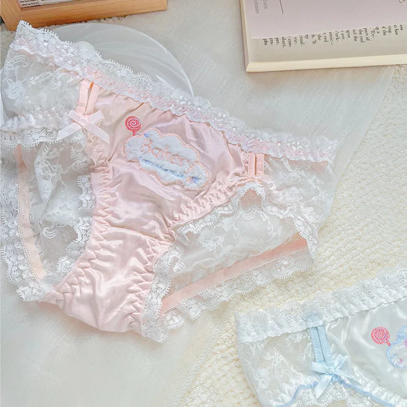 Women Sexy Lace Milk Silk Transparent Embroidery Underwear Cute Lovely Sweety Princess Style Stretch Breathable Panties Breifs