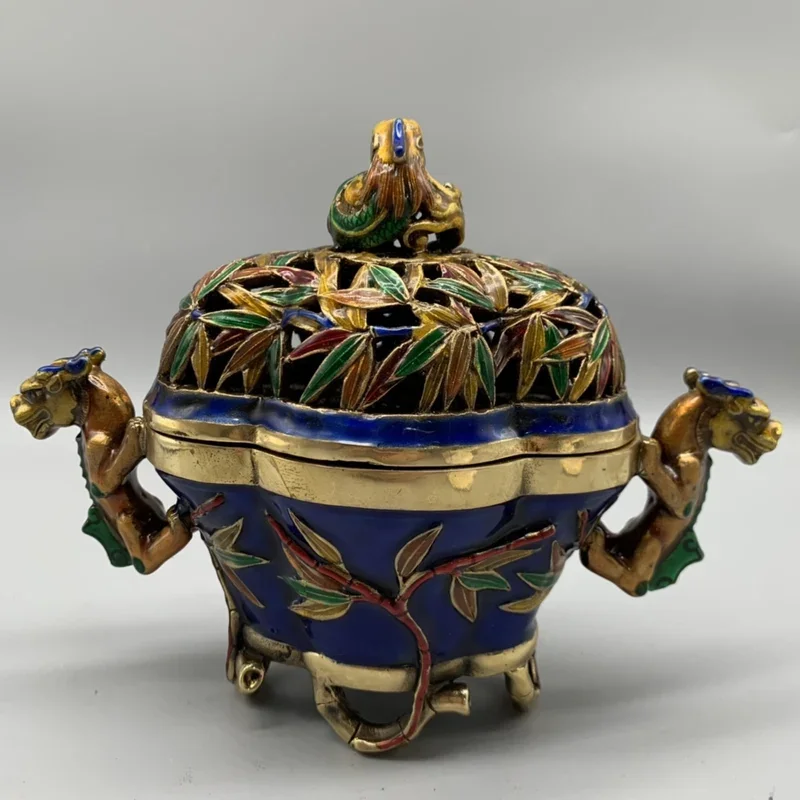 China collection ancient bronze brass home metal decoration Bamboo auspicious animal fengshui statue Cloisonne incense burner