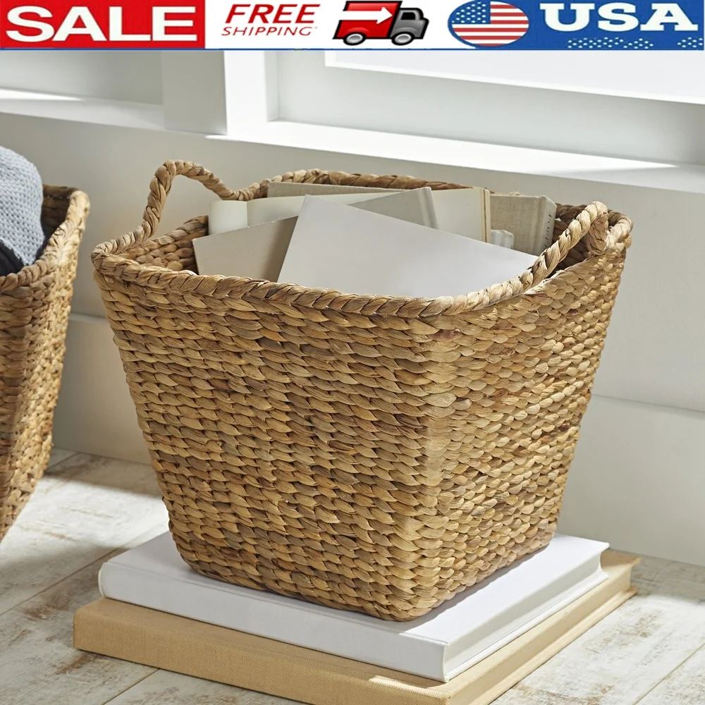 

Square Tapered Water Hyacinth Storage Basket Set of 2 Natural Woven Baskets with Rope Handles Home Organization