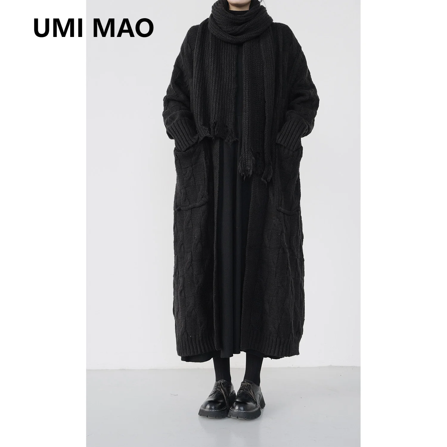 UMI MAO Yamamoto Dark Wind Hemp Pattern Knitting Sweater Coat Cardigan Button Free Casual Coat Gown Jacket Femme Y2K