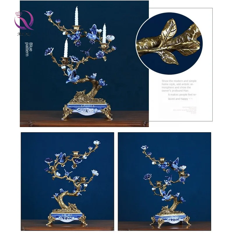 Luxury Retro Home Decor Blue And White Ceramic Porcelain Candle Holder Three Cup Bird Candlestick Holder