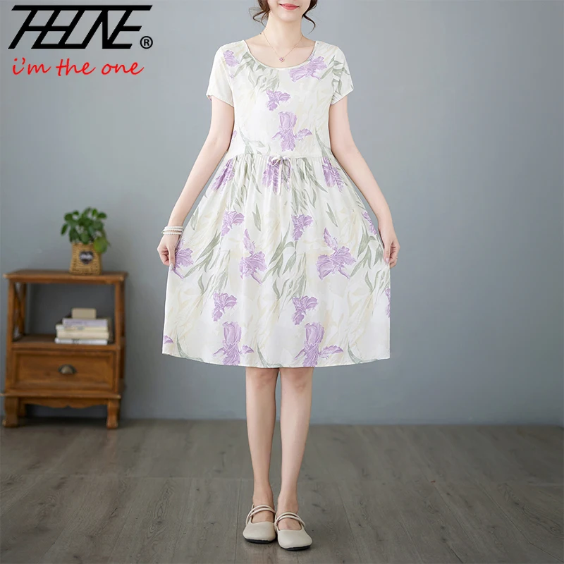 THHONE Summer Dress for Women Floral Casual Print allentato Vintage Draw String Robe elegante Mini New in Dresses Vestido Feminino