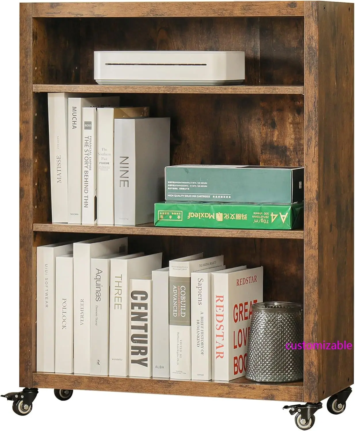 3-Tier Bookshelf with Wheels Book Storage Organizer Bookcase Floor Standing Fixed Shelves Adjustable Shelf Display Shelves