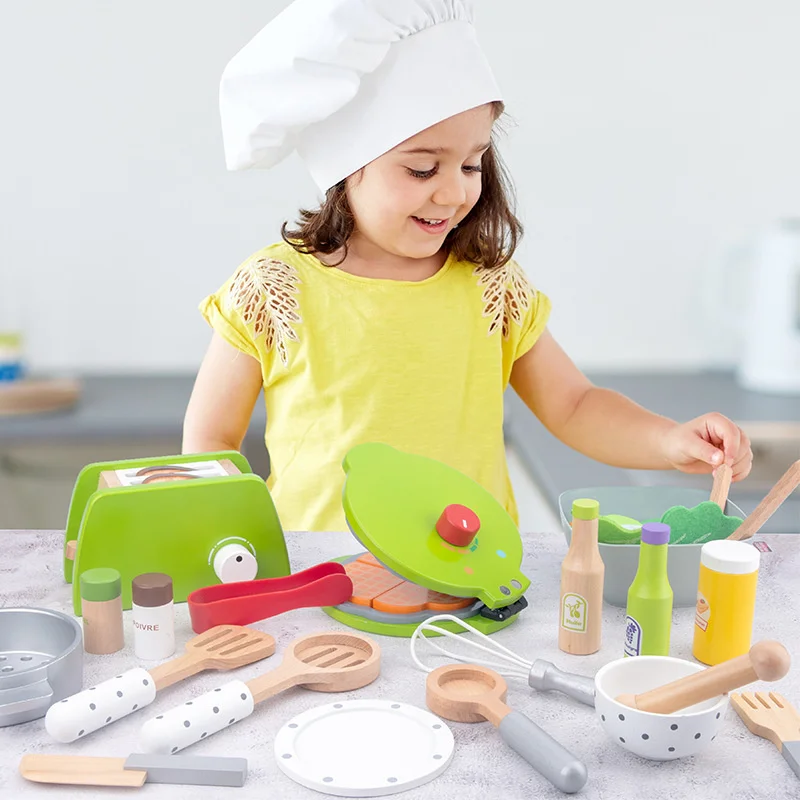 Wooden Simulation Toaster Salad Vegetable Children's Kitchen Toys Boys and Girls Play House Cooking Kitchen Set