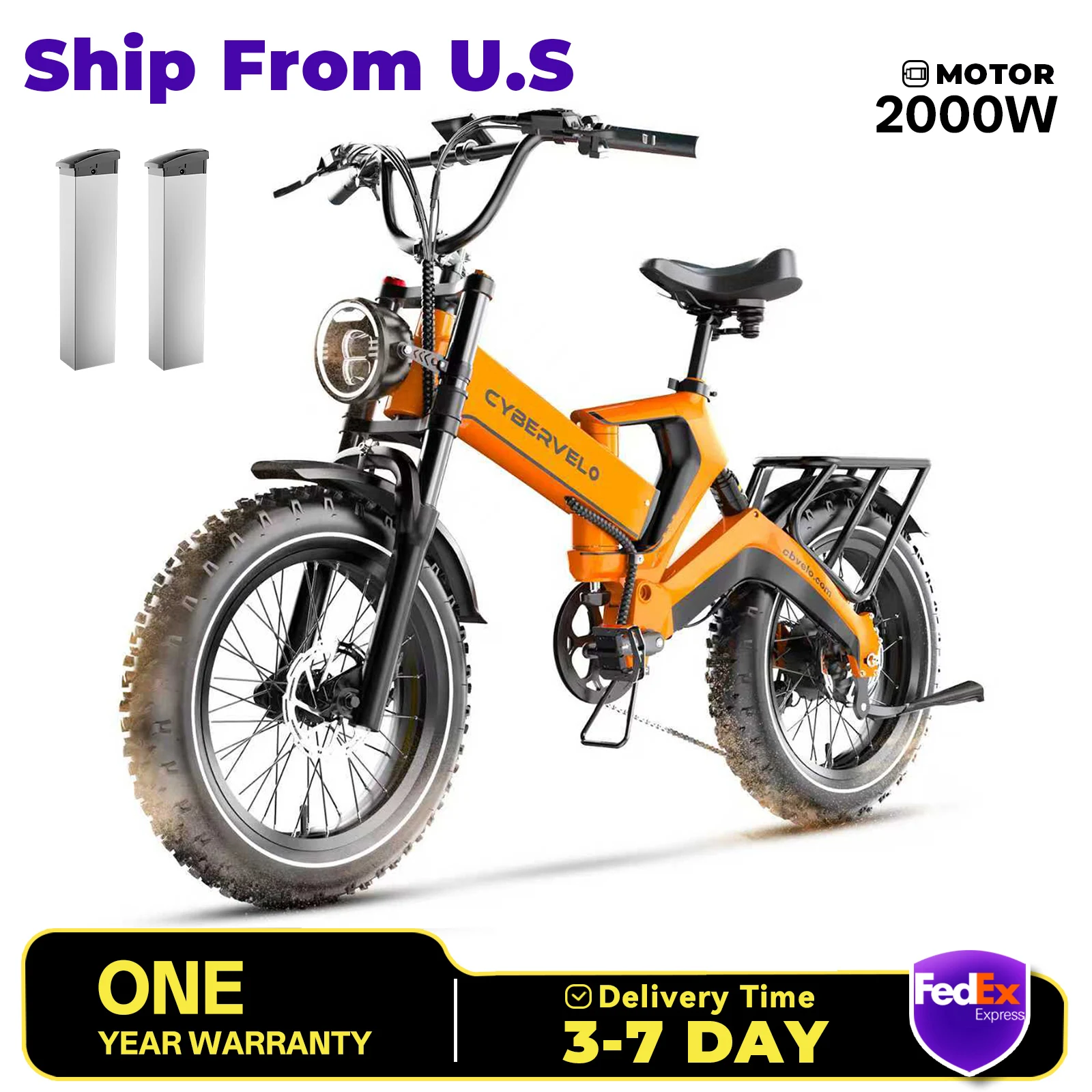 

Cybervelo EK6 2000W Peak Foldable E-bike, Built-in Dual 20Ah Removable Battery Adult Electric Bicycle, 8-Speed Shift 20”Fat Tire
