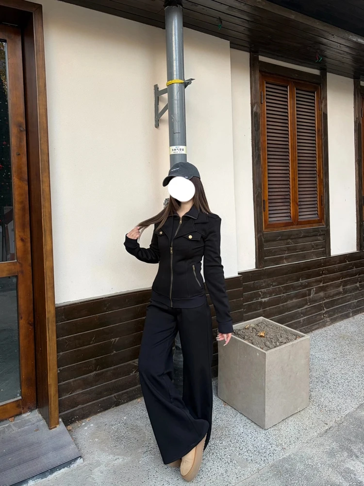 

2025 New Commuter Dark Style Women's Autumn Winter Slimming Design Double Zipper Jacket High Waist Wide Leg Pants Set